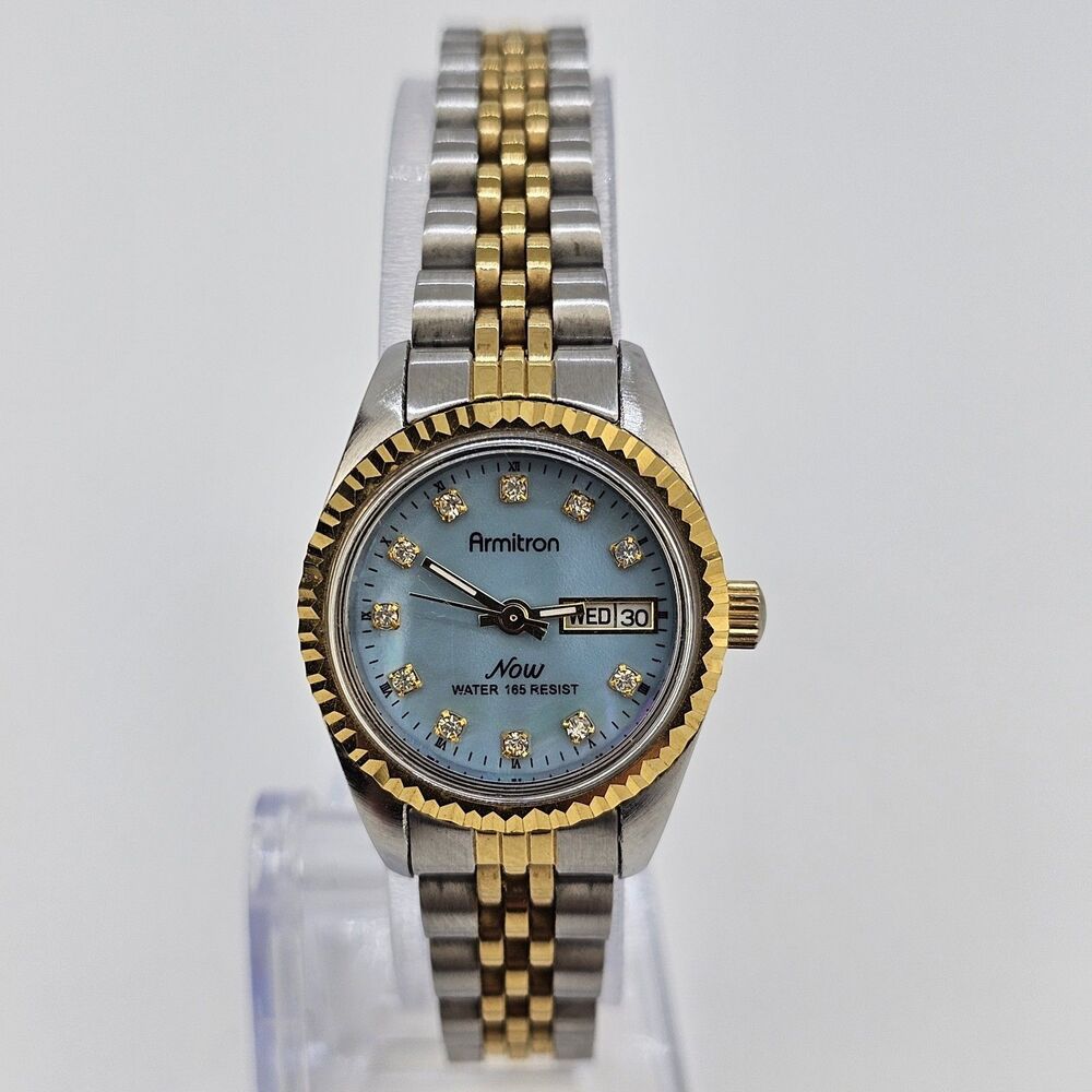Armitron Women's Watch 24MM Blue Dial Day Date Two Tone Band‎ 6.5" New Battery